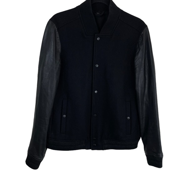 All Saints Toku Wool Blend Leather Bomber Jacket Black Size L - Picture 2 of 10